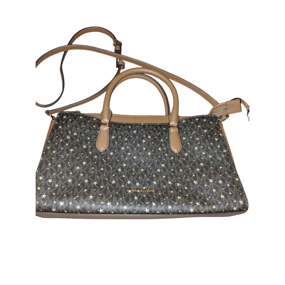Michael Kors Signature Star Print Satchel Crossbody Bag Brown Gold Logo Handbag